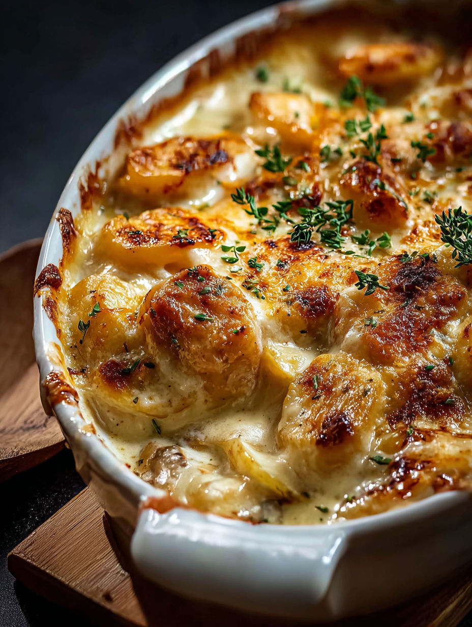 A creamy swiss chicken casserole with a white bowl.