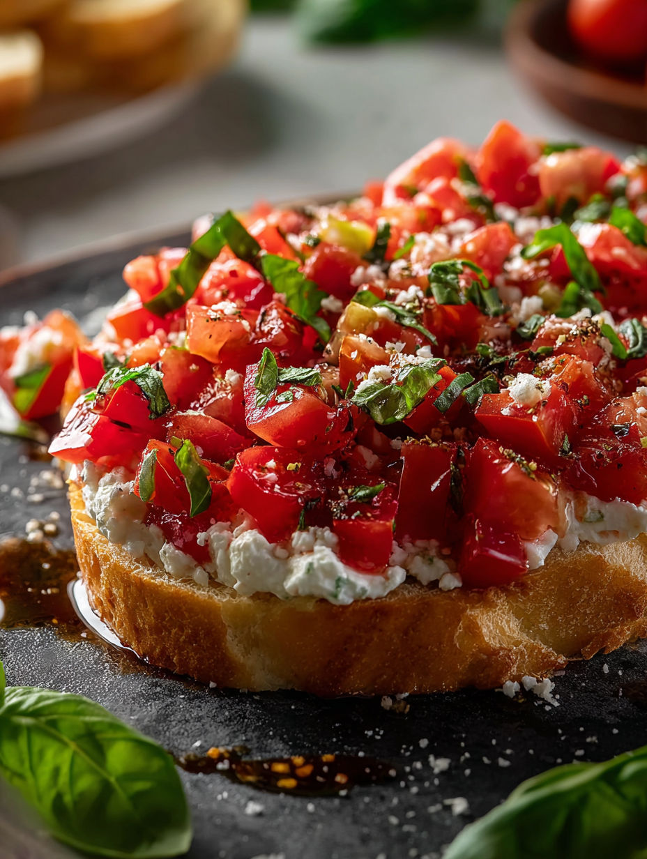 A plate of bruschetta dip with tomatoes and basil.
