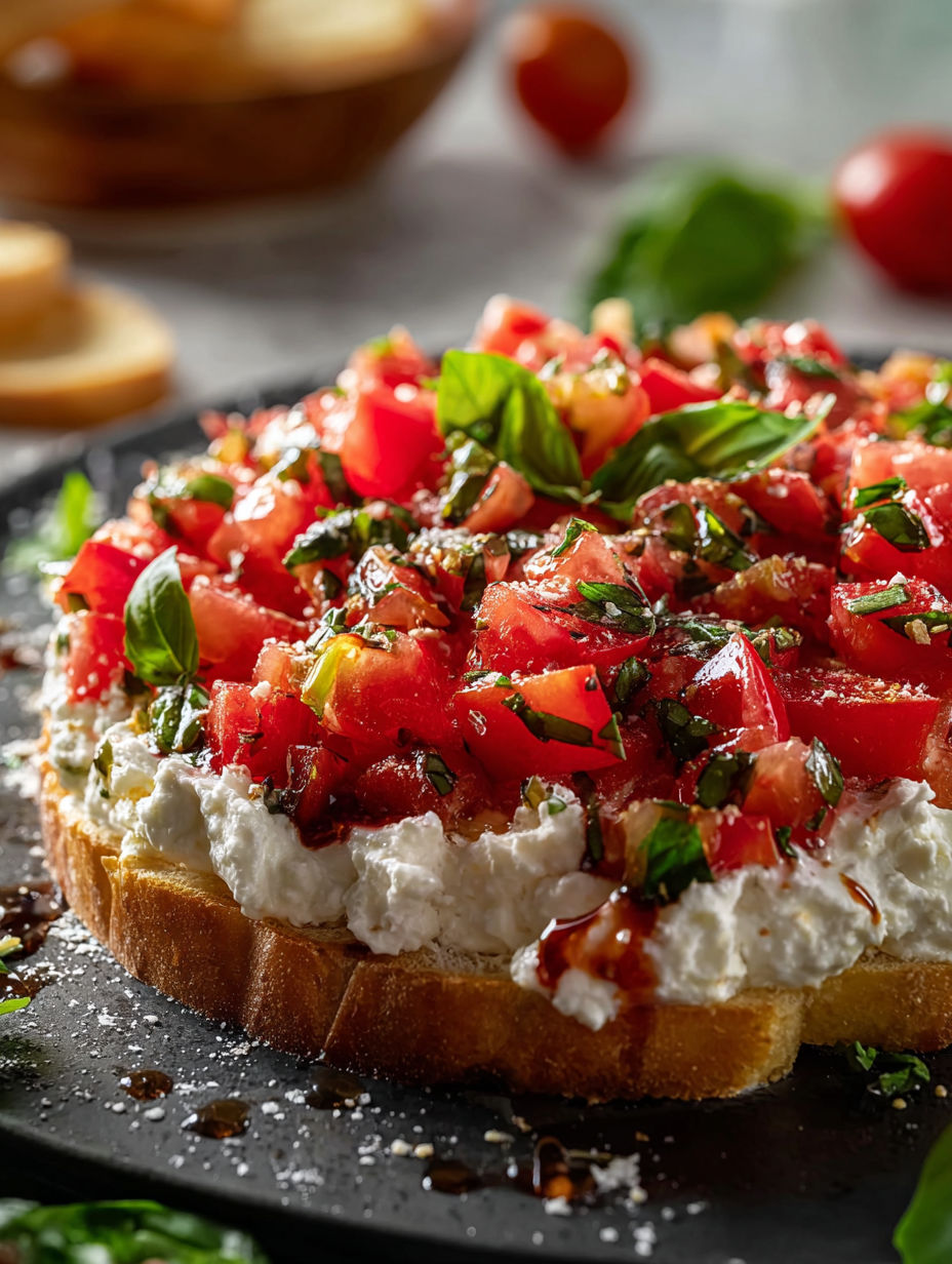 Close-up of a bruschetta dip showing tomatoes and basil.