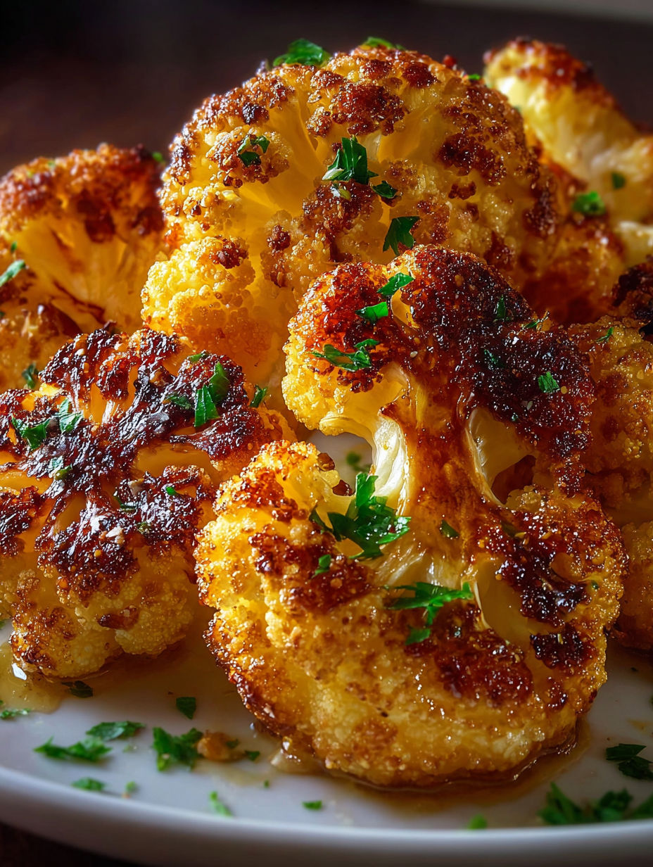 Close-up of roasted cauliflower showing the crispy coating.