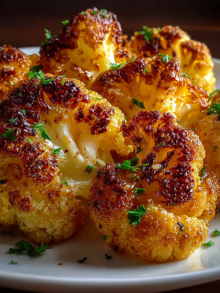 Plate of roasted cauliflower garnished with herbs.