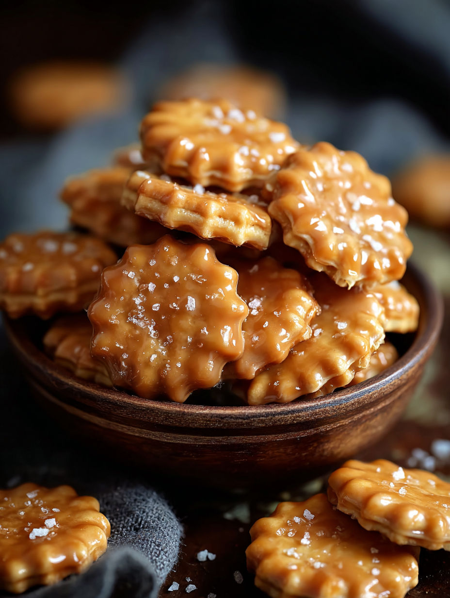 A bowl filled with caramel-covered crackers.