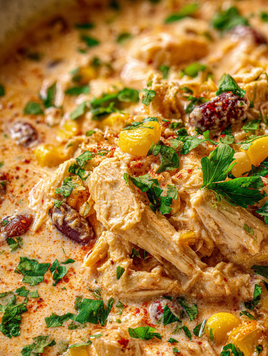 Close up of crockpot loaded with chicken chili.