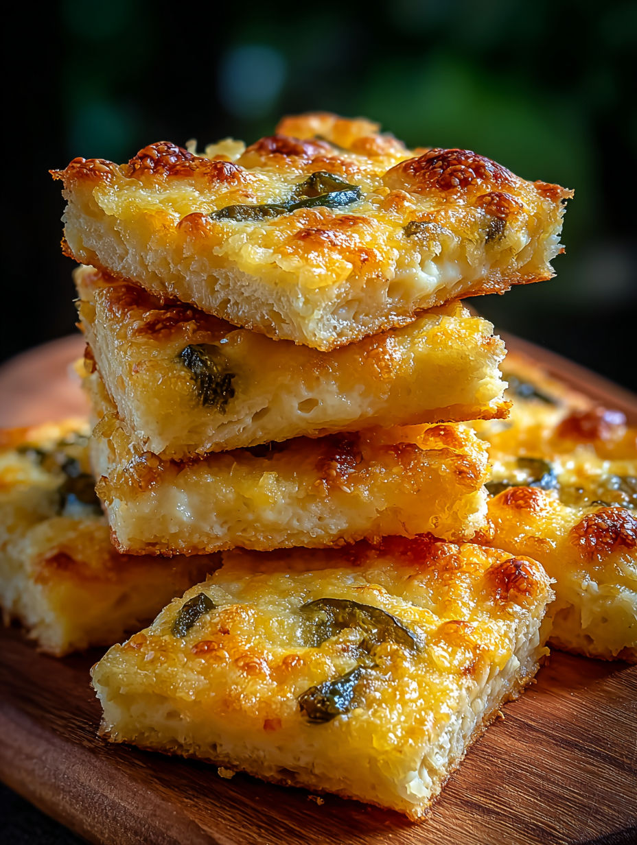 Jalapeño cheese squares stacked on a wooden board.