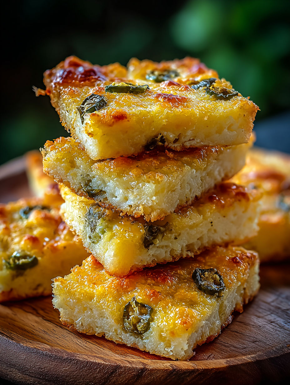 Jalapeño cheese squares on a wooden table.