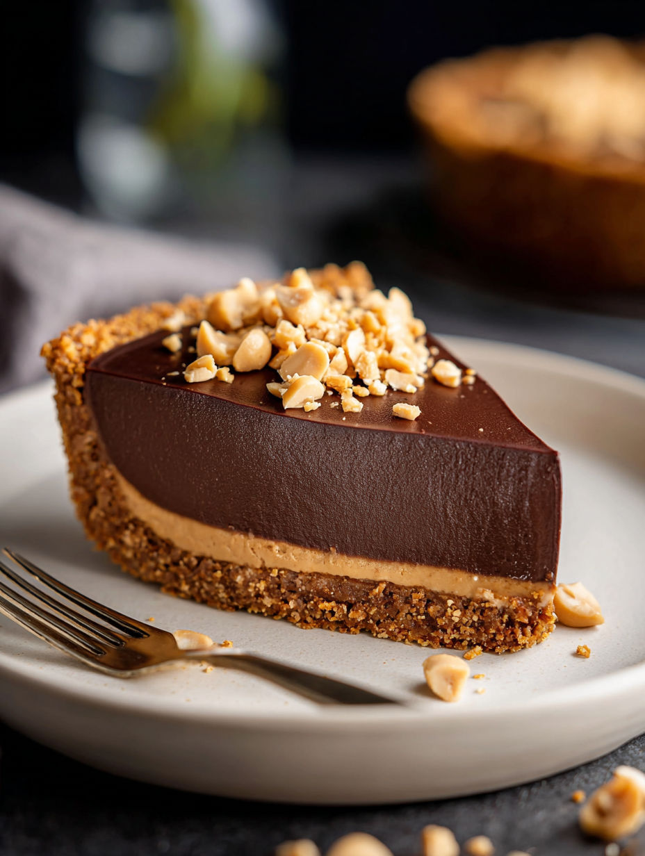 Slice of creamy chocolate peanut butter pie