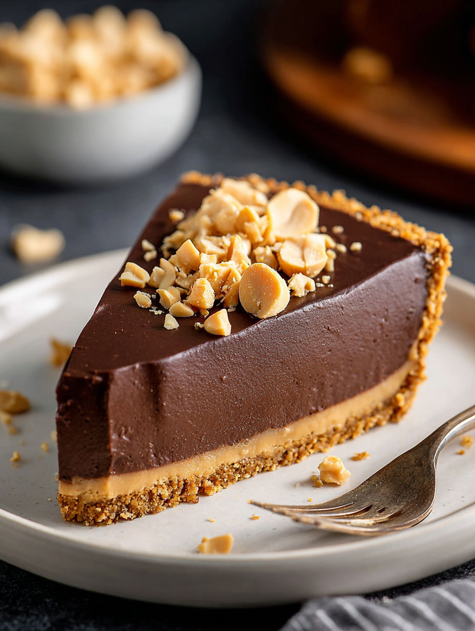 A slice of chocolate peanut butter pudding pie.