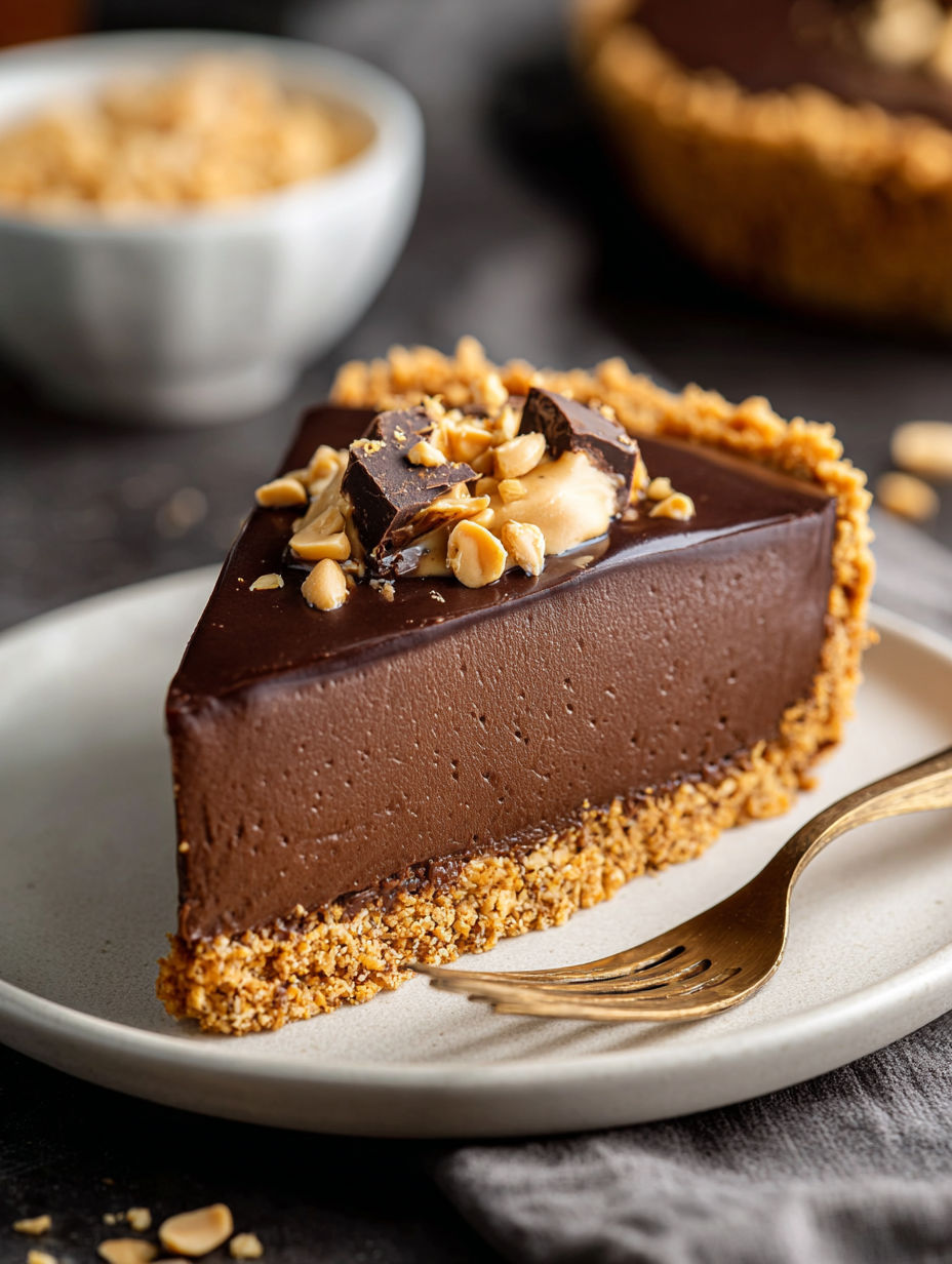 A slice of chocolate peanut butter pudding pie.