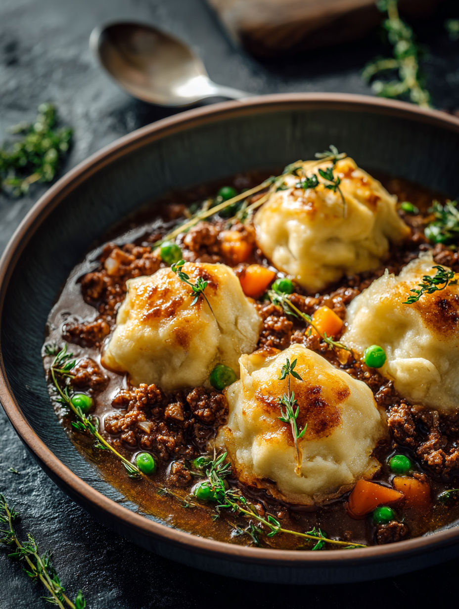 A bowl filled with beef and soft dumplings.