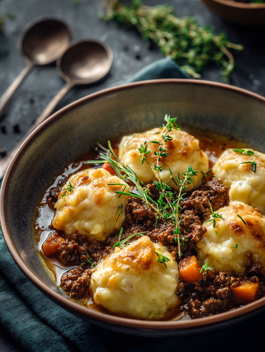A bowl of ground beef and dumplings.