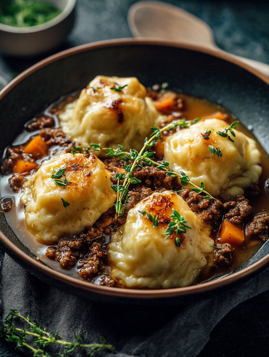 A bowl of ground beef and dumplings.