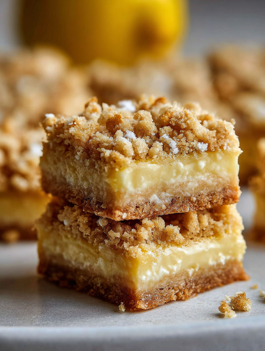 A stack of lemon oatmeal crumble bars.