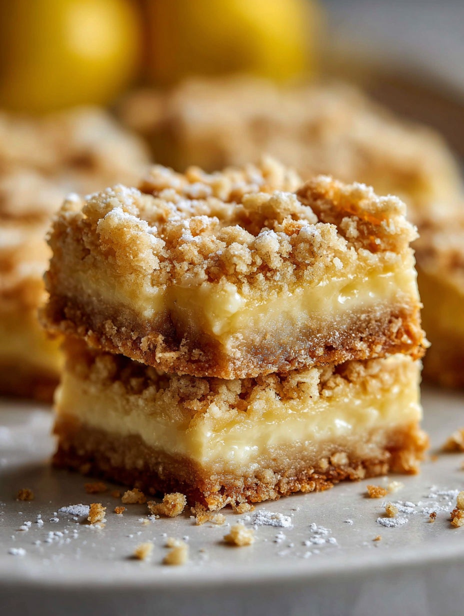 Close-up shot of a lemon oatmeal crumble bar.