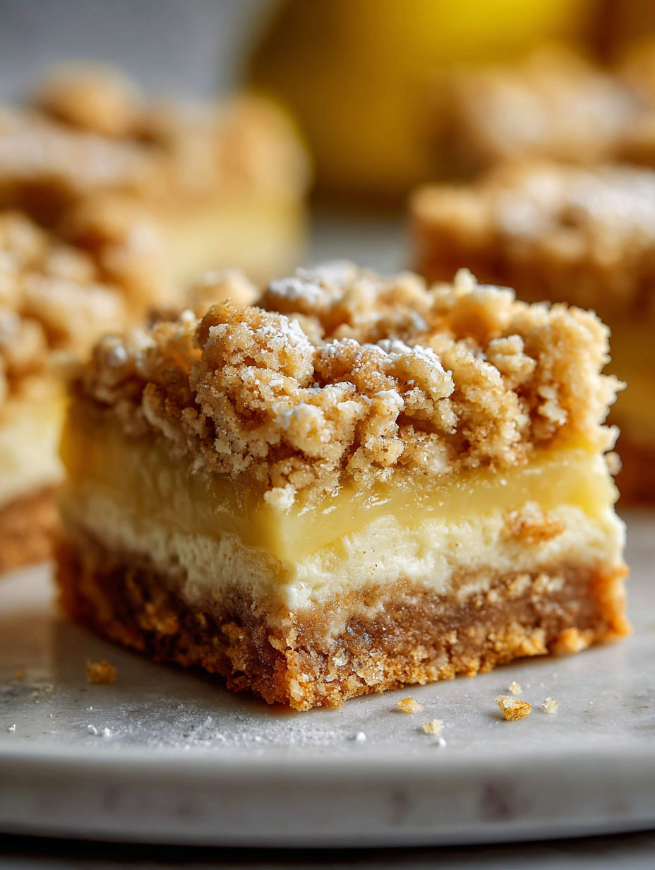 Close-up of a lemon oatmeal crumble bar piece.