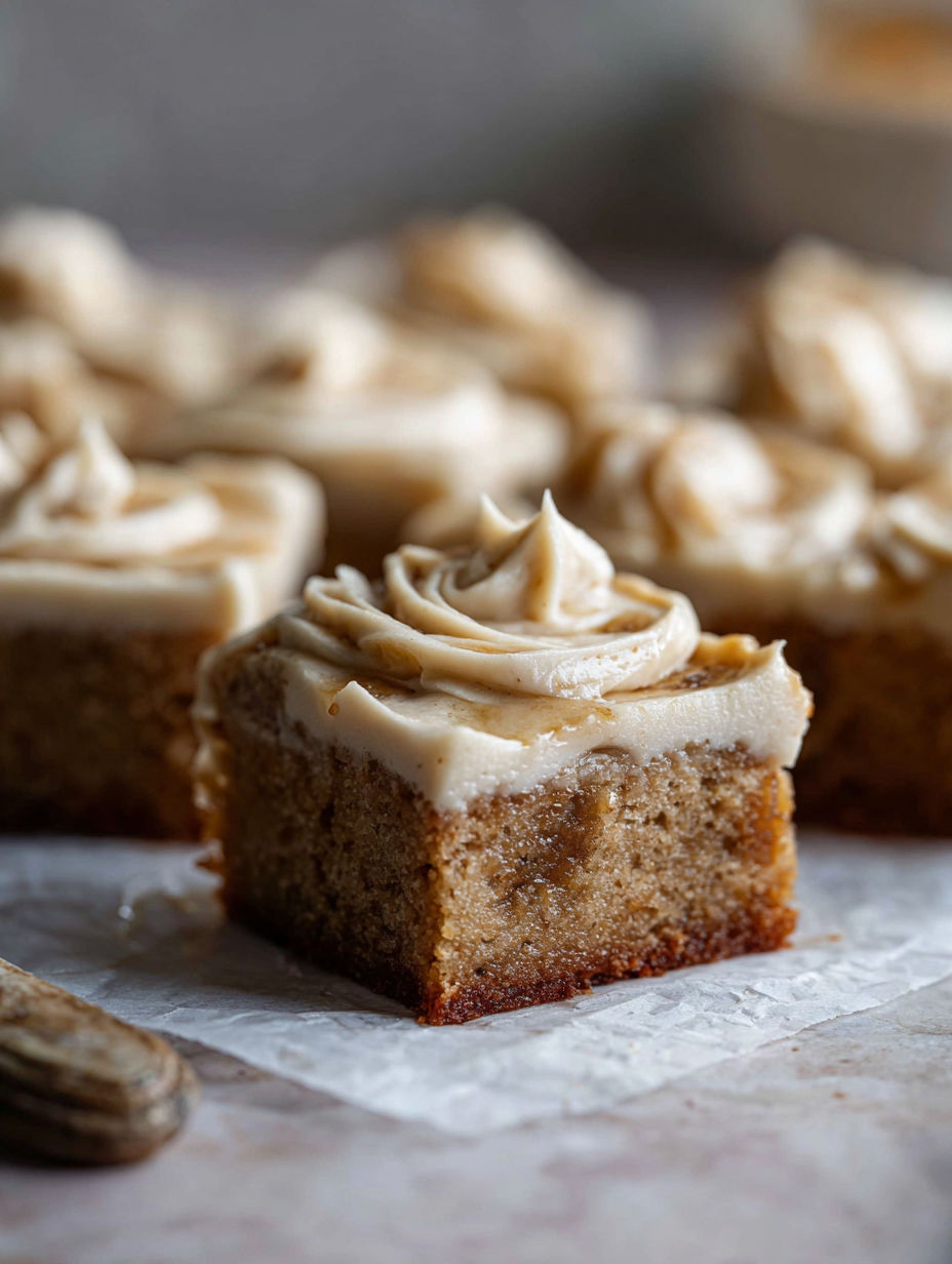 A close up of a banana bar with brown butter icing.