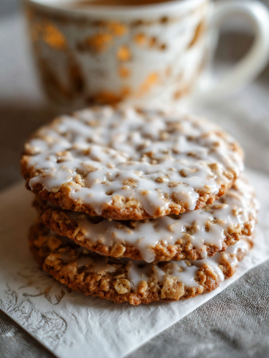 A stack of iced oatmeal cookies.