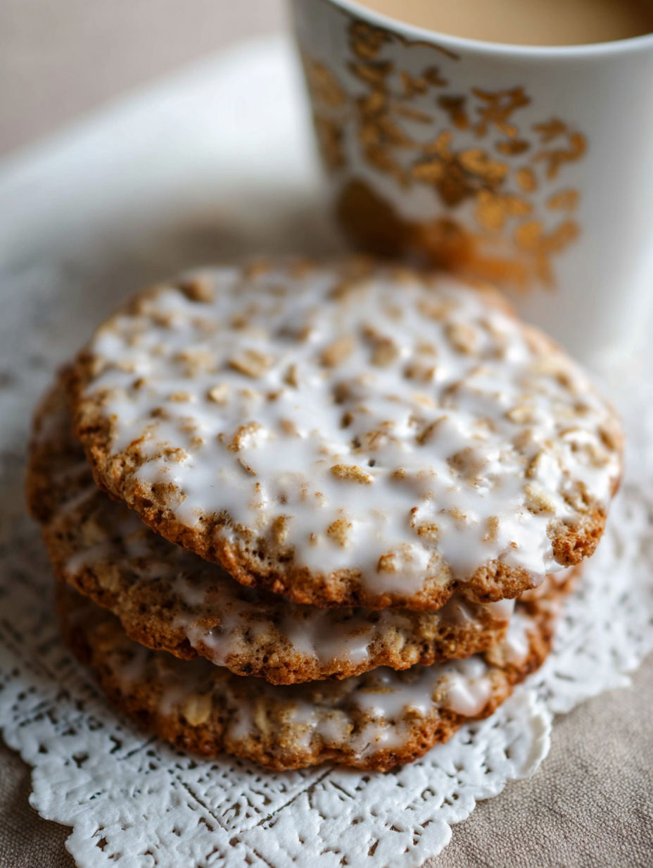 A stack of iced oatmeal cookies.
