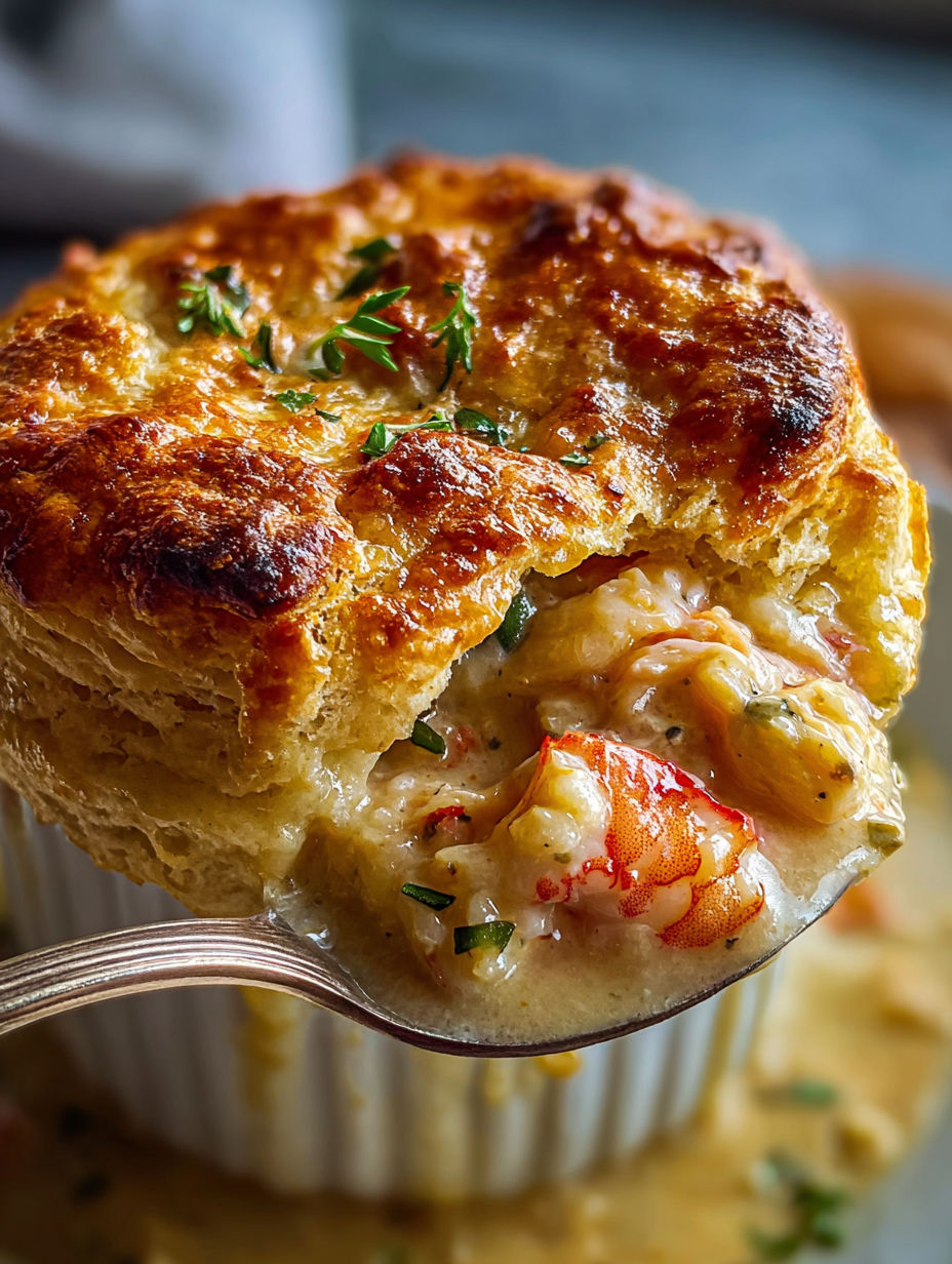 Close-up shot of a golden cheddar bay biscuit pot filled with seafood.