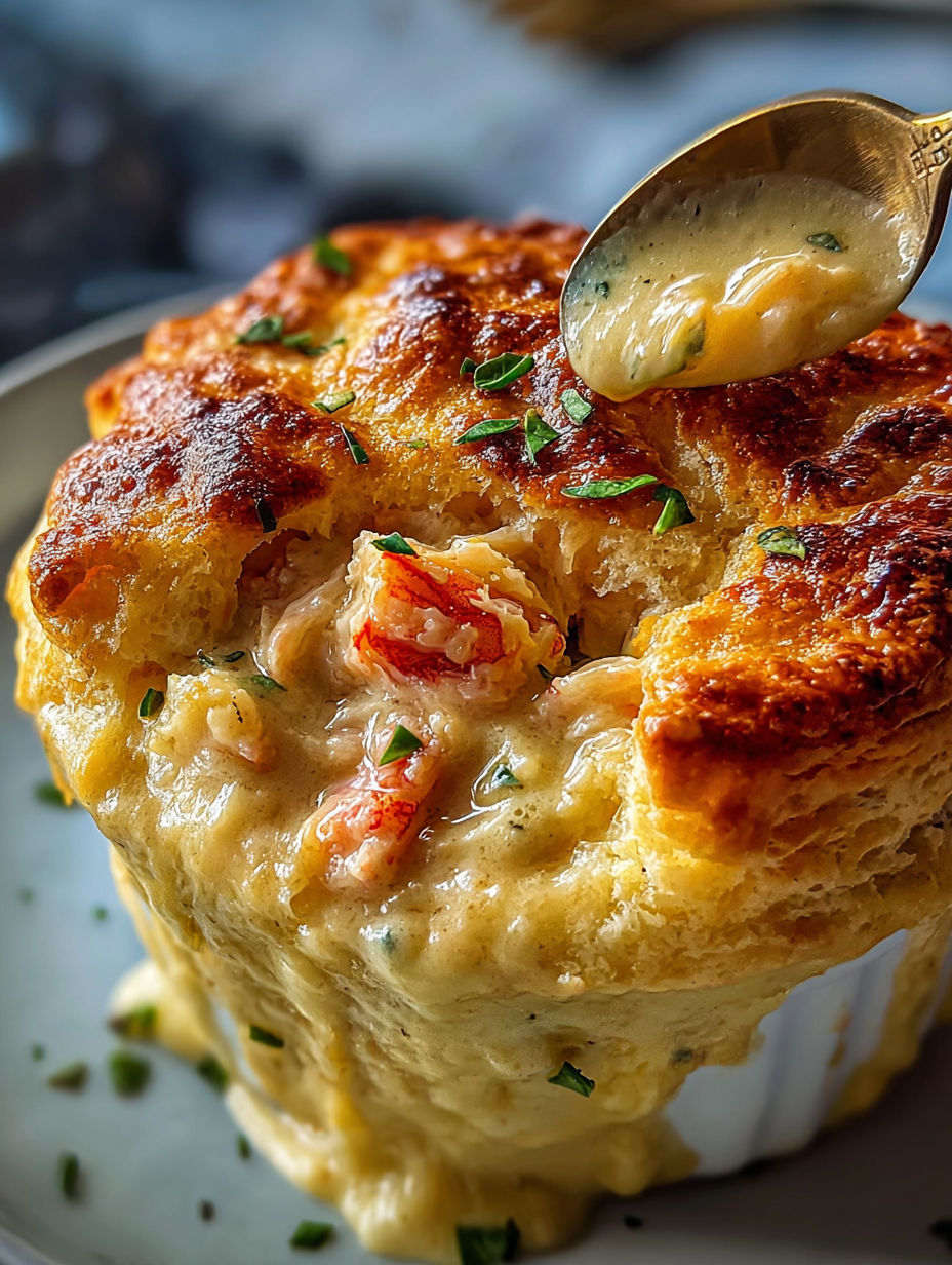 Close up of cheesy cheddar bay biscuit seafood pot pie.