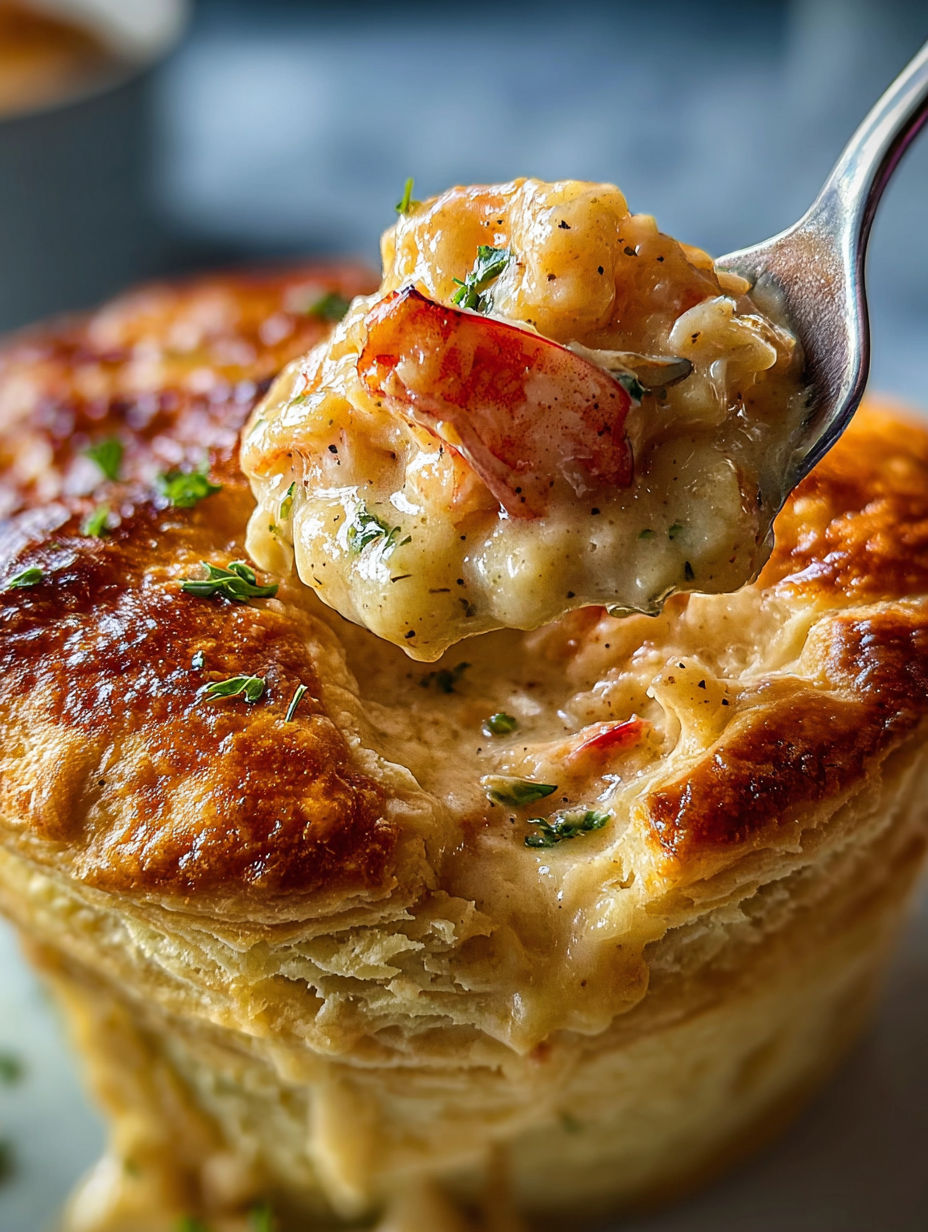 Eating cheesy cheddar bay biscuit seafood pot pie with a fork.