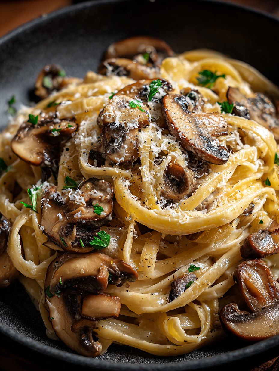 Pasta plate with mushrooms and leeks