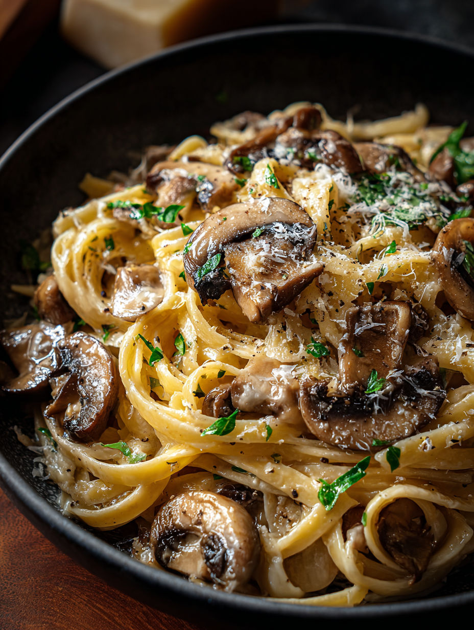 A bowl of pasta with mushrooms and leeks.