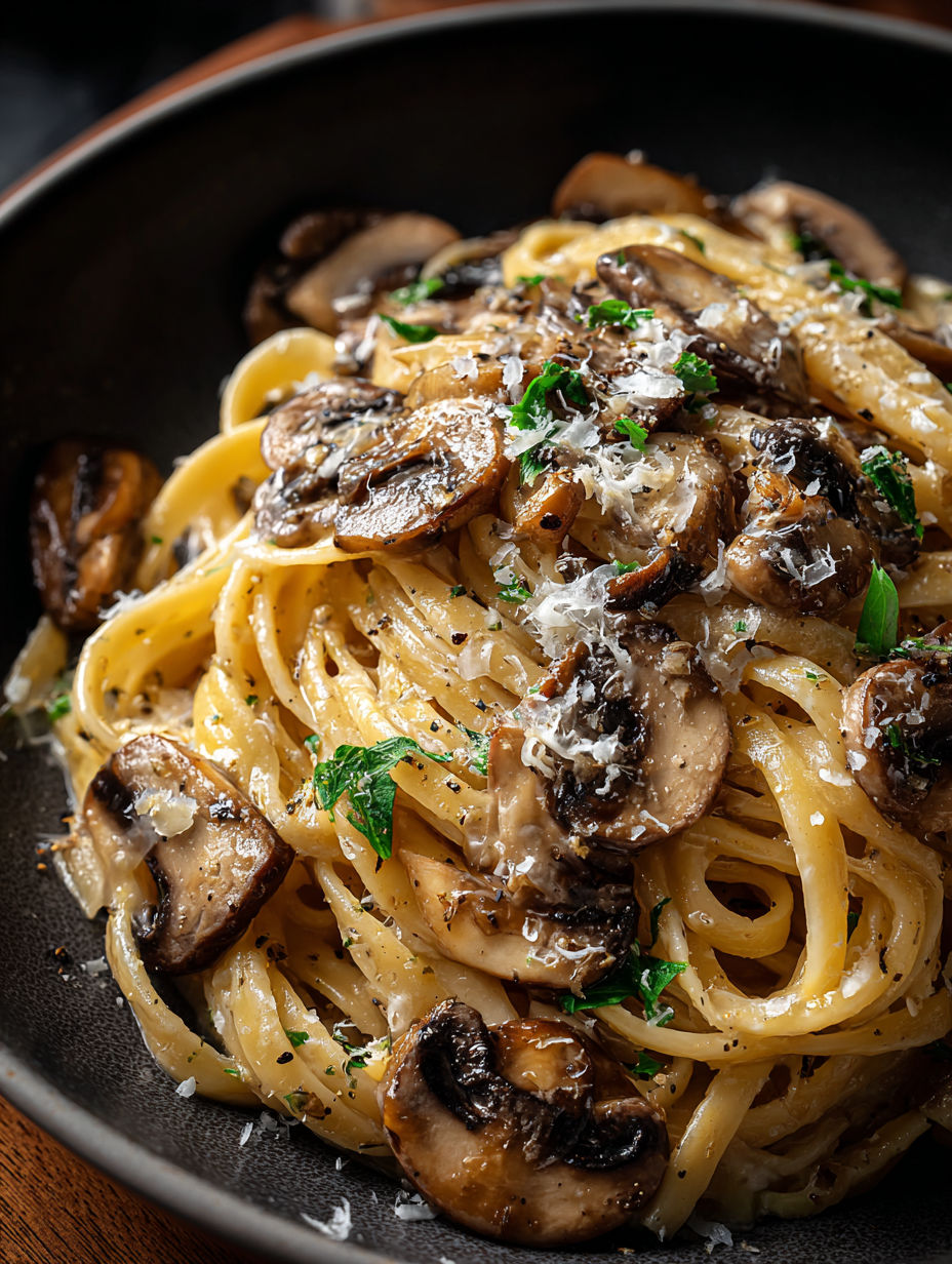A bowl of pasta with mushrooms and leeks.