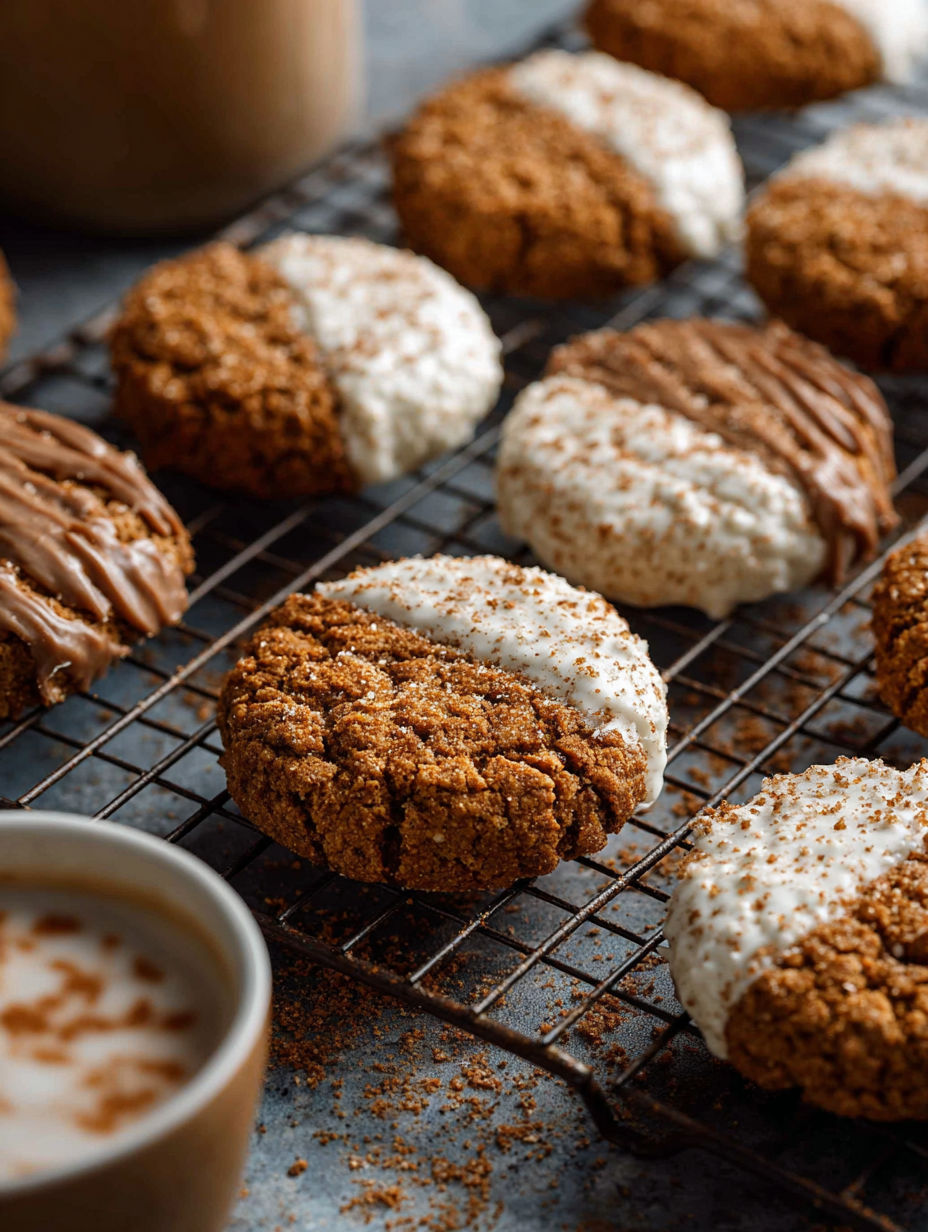 Gingerbread latte cookies on a cooling rack.