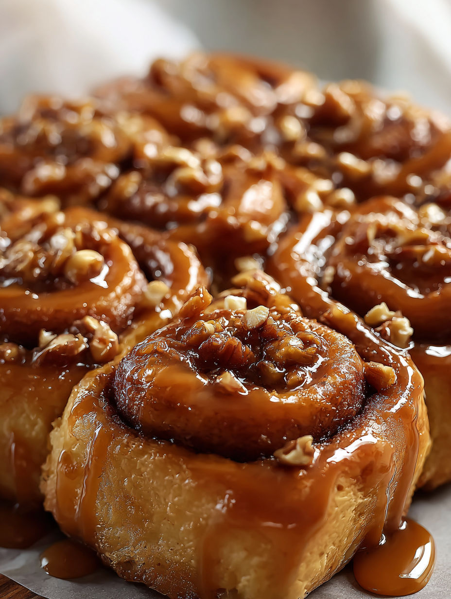 Close-up shot of a tasty caramel cinnamon roll.