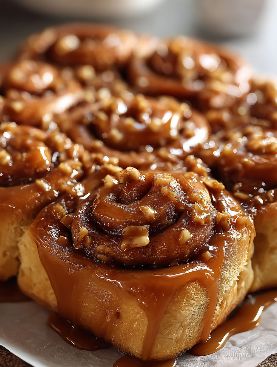 A close up of a delicious caramel roll.