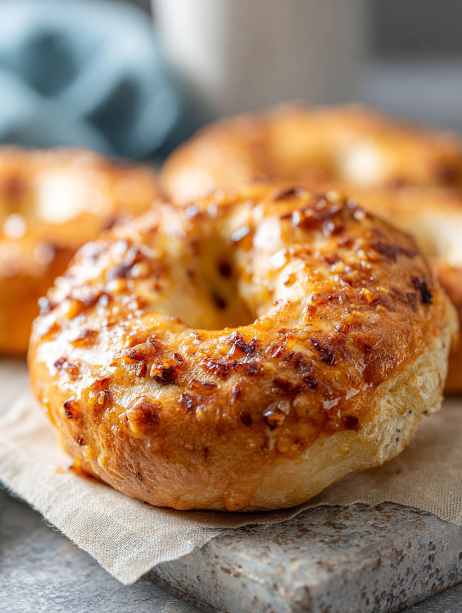 Two bagels with a maple glaze on a table.