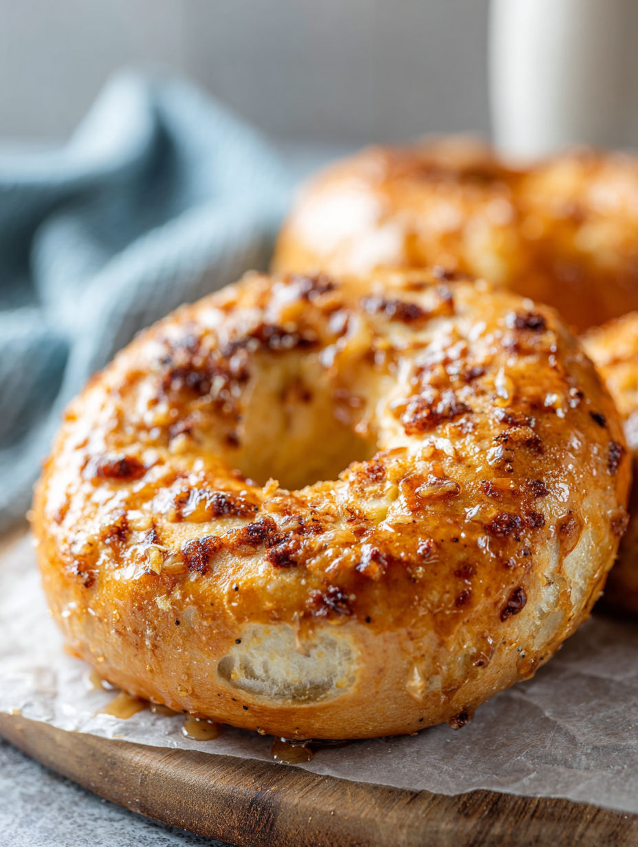 Two bagels with maple frosting on a plate.