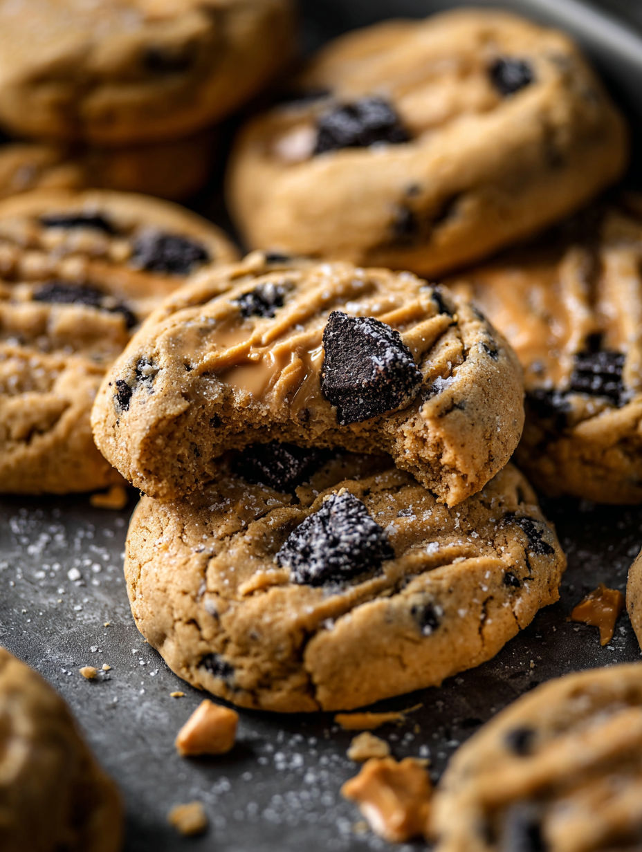 Close-up of a cookie loaded with peanut butter and chocolate bits.