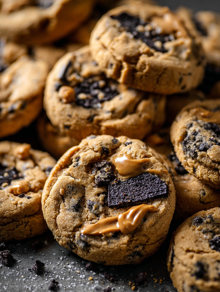 Close-up of a rich peanut butter cookie with chocolate.
