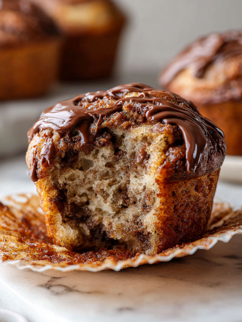Close-up of a slice of banana muffin with Nutella swirl