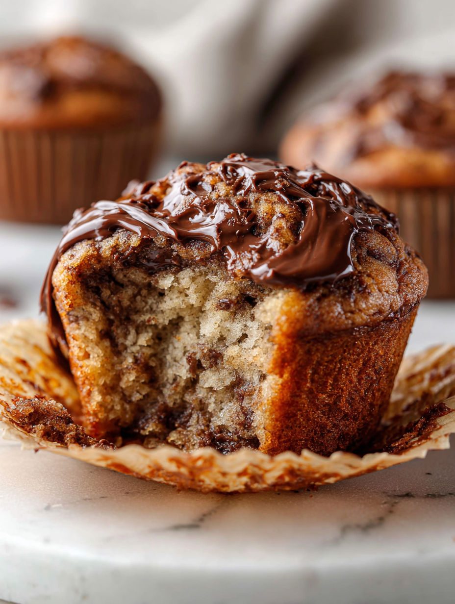 A chocolate covered muffin with a bite taken out of it.