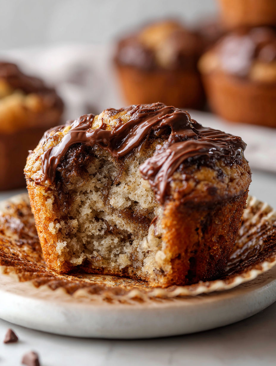 A chocolate covered muffin with chocolate drizzled on top.