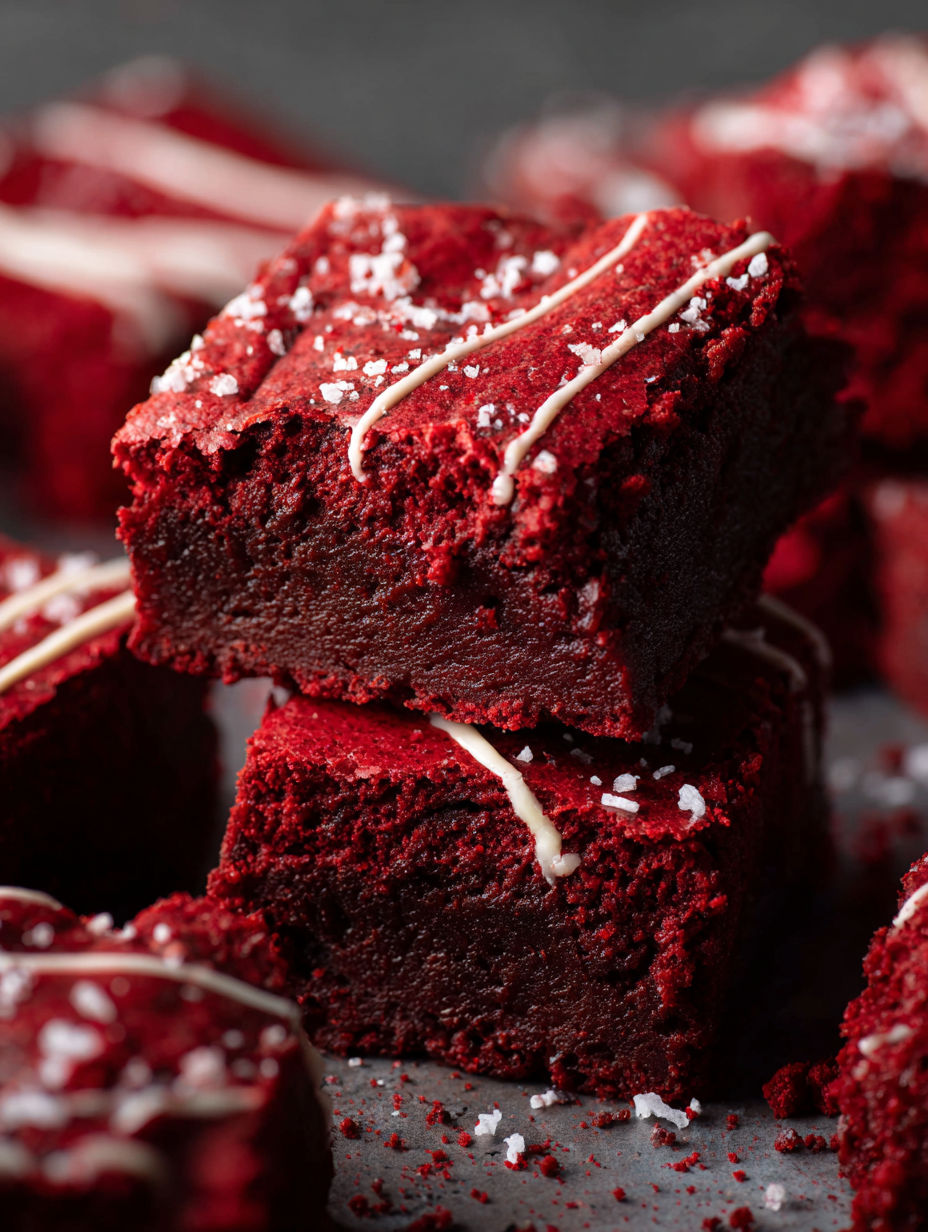 Red velvet brownies with white icing.