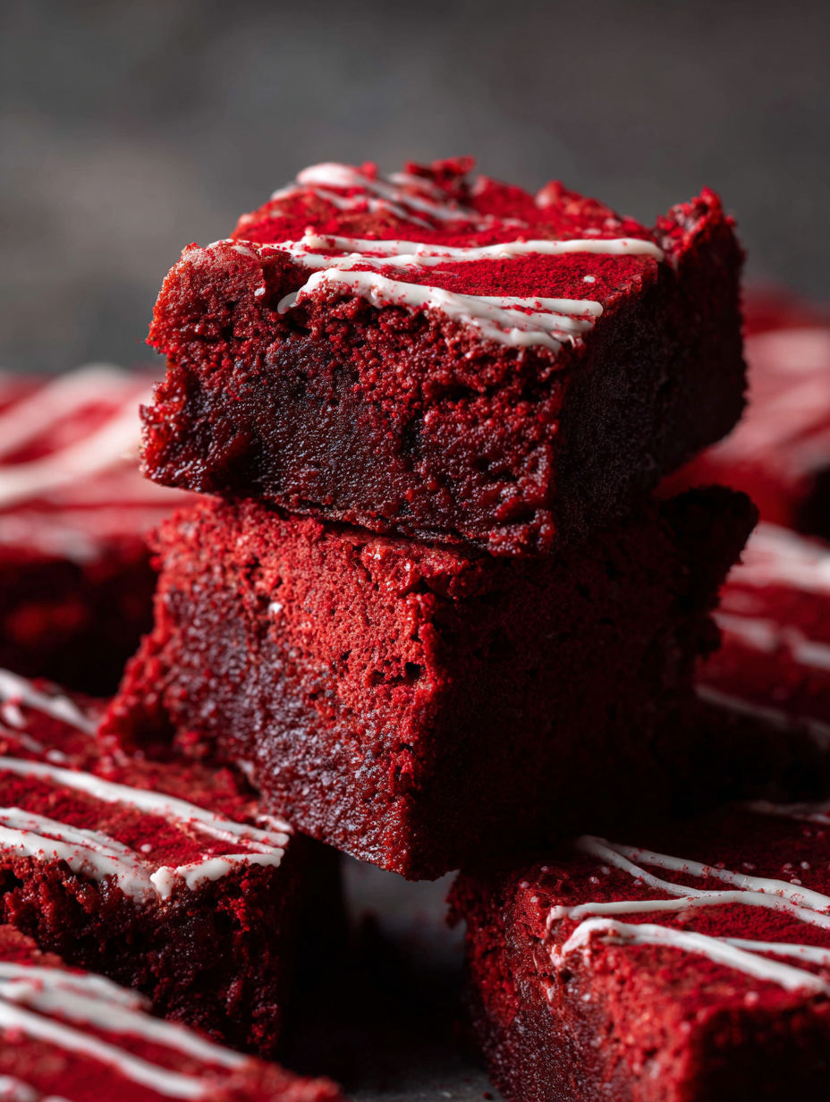 Red velvet brownies stacked on top of each other.