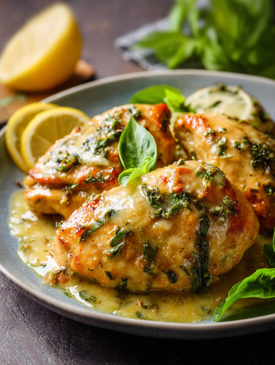 Chicken served with fresh basil and lemon slices