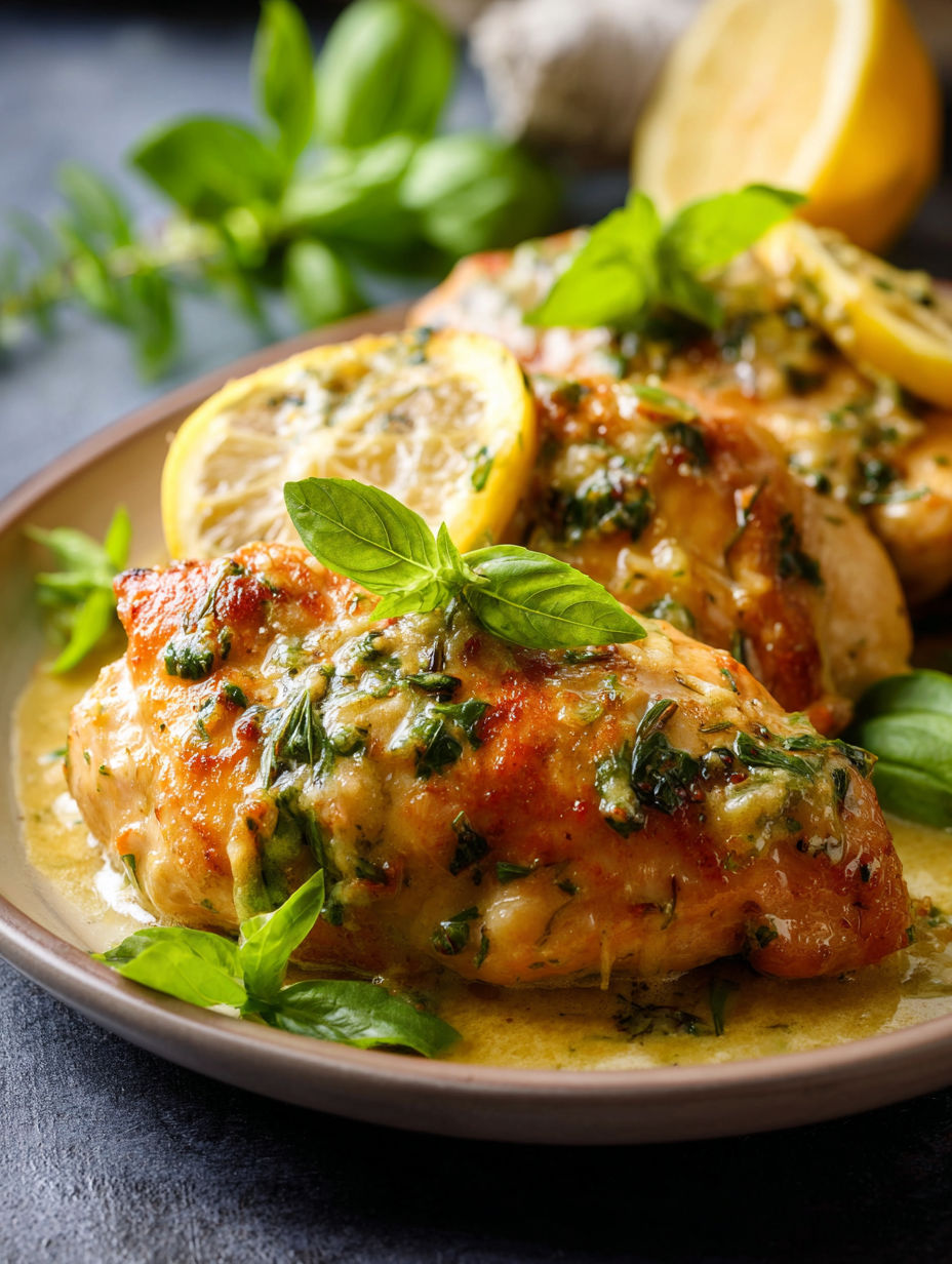 A plate of chicken with lemon and basil.