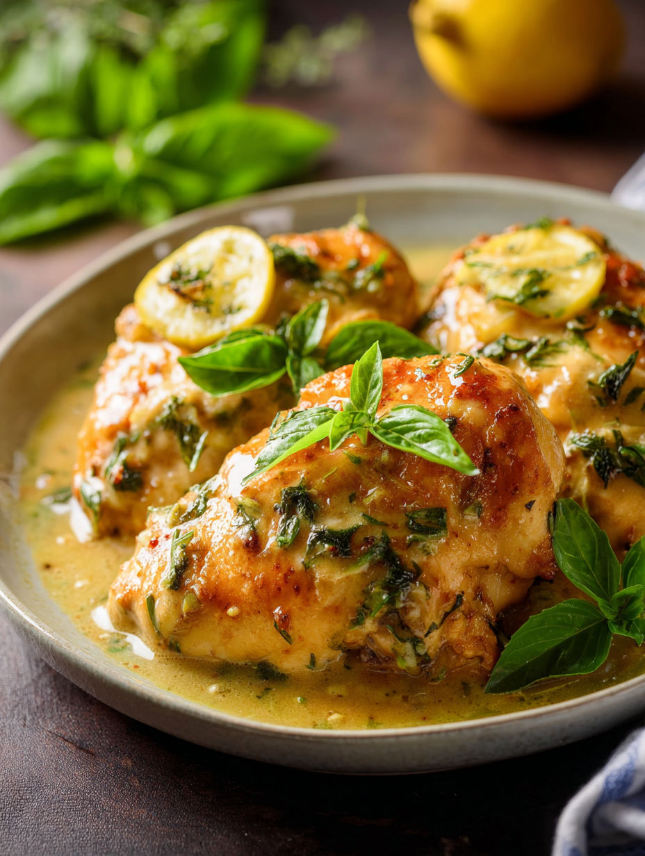 A plate of chicken with lemon and basil.