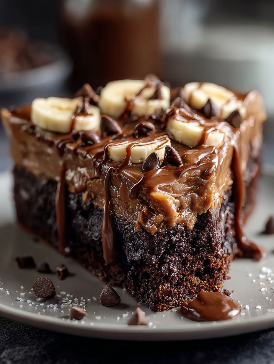 A slice of chocolate cake with bananas and chocolate drizzle.