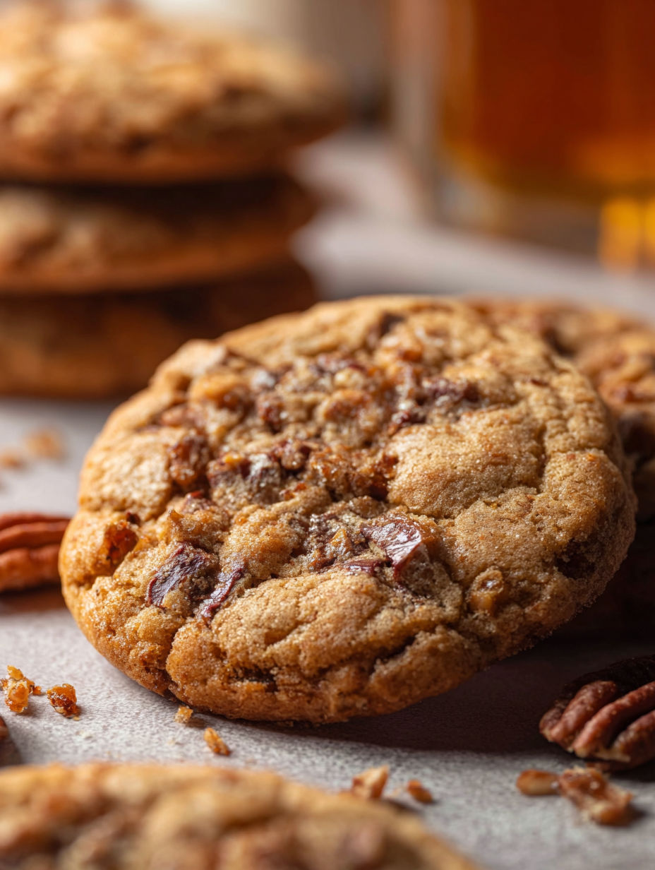 A pile of toffee bourbon cookies stacked up.
