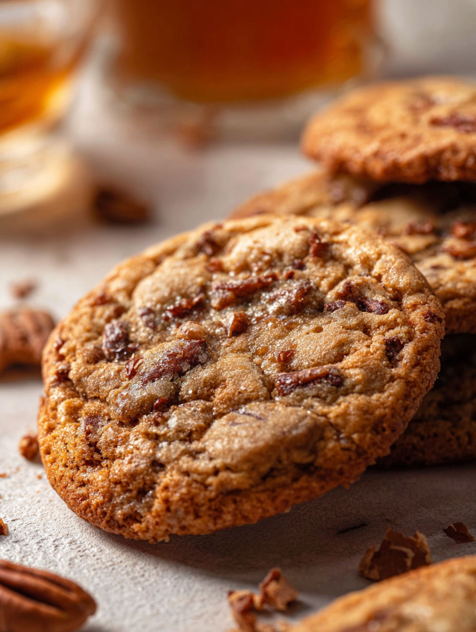 Close-up photo of a bourbon toffee cookie.