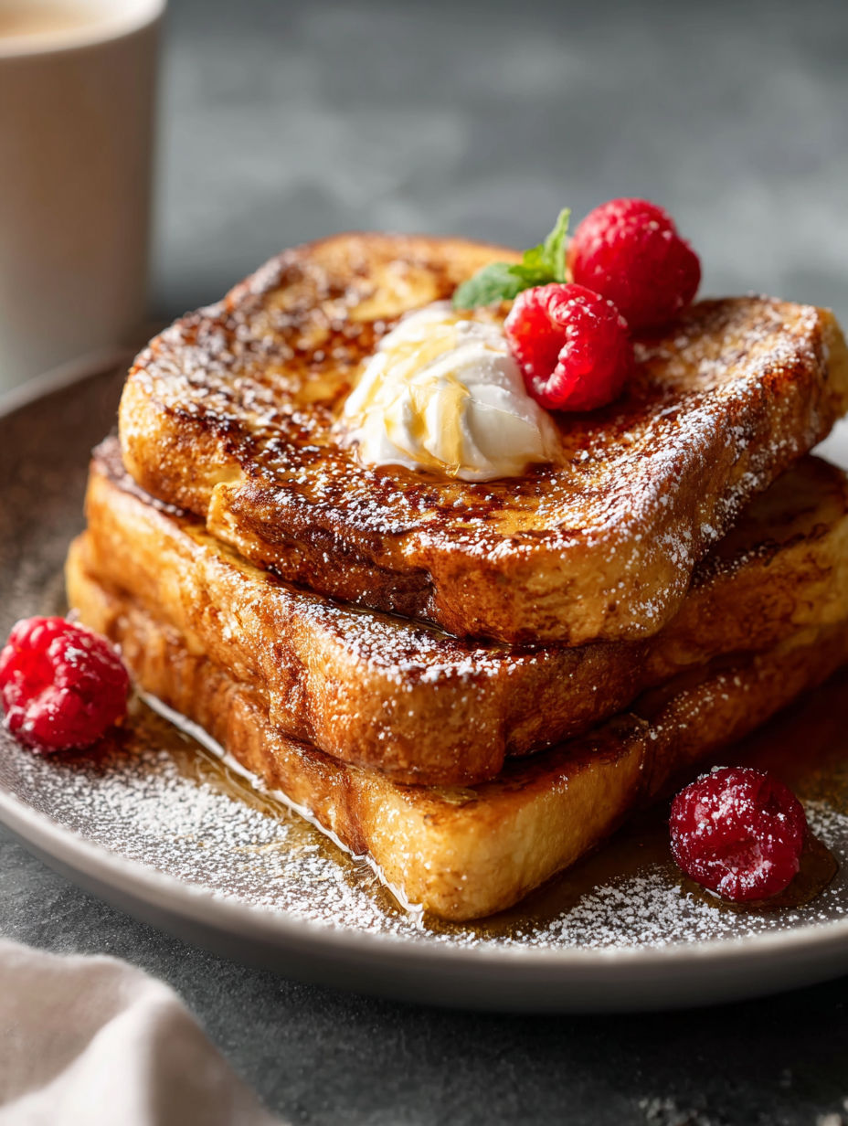Strawberry-topped French toast with whipped cream.