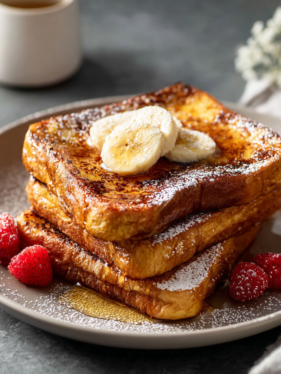 Stack of French toast with bananas and powdered sugar on top.