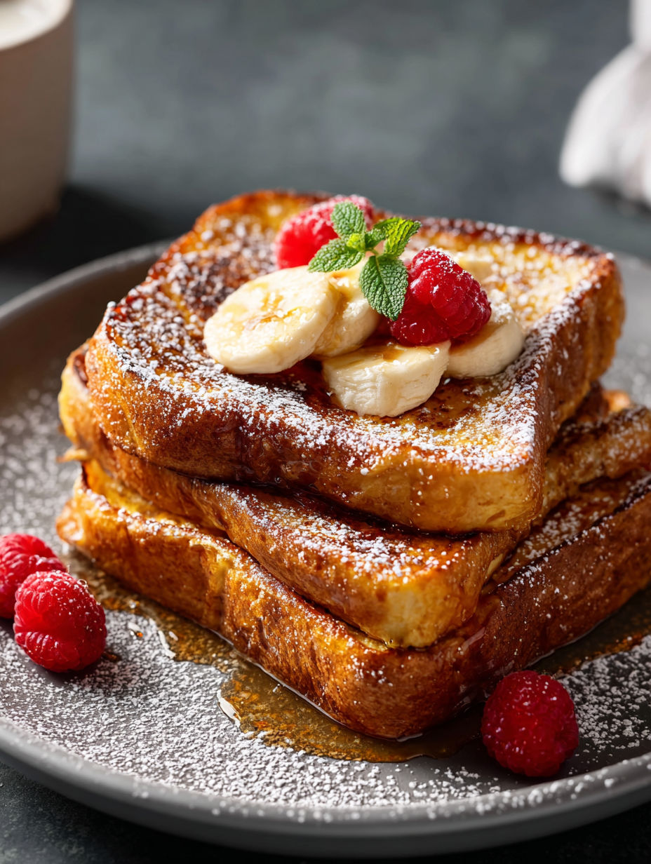 French toast stacked with bananas and raspberries on top.