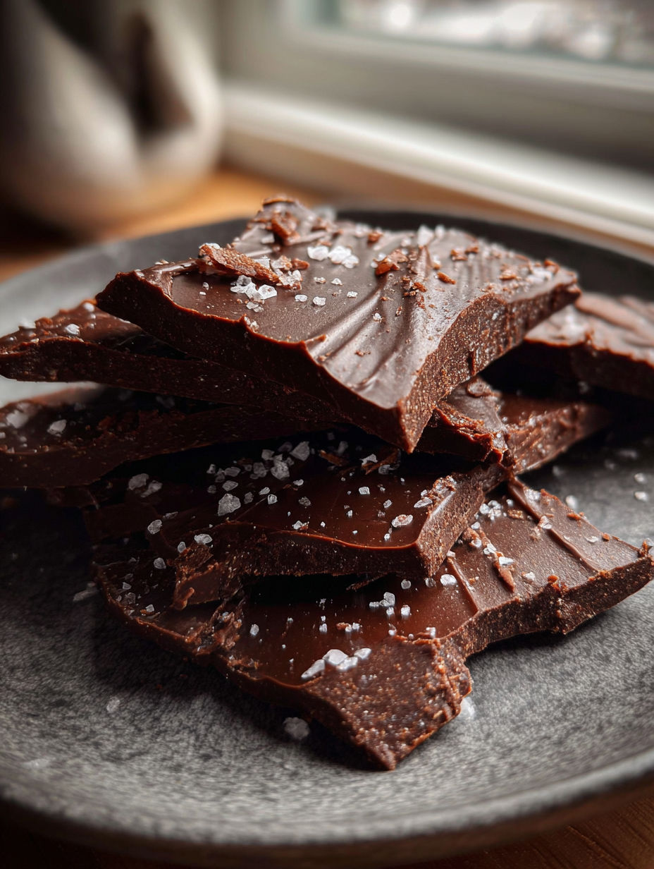 Plate with fudgy protein brownie bark pieces.