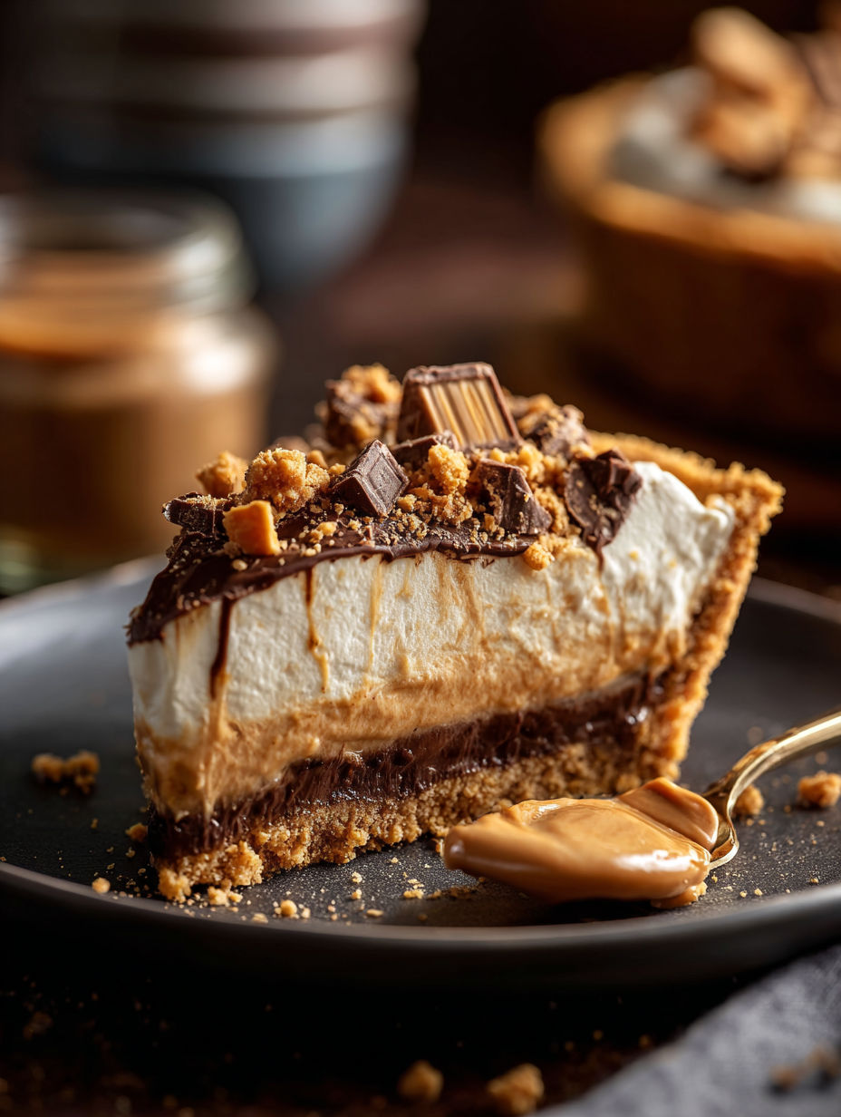Slice of a peanut butter and chocolate pie.